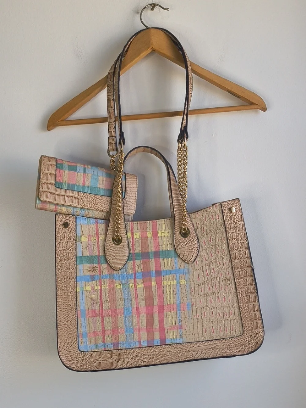 Textured Multi-Color Plaid Tote Bag with Matching Wallet
